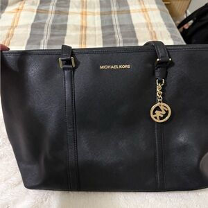 Michael Kors Black Leather Tote with Gold Accents